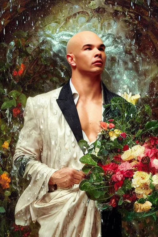 Image similar to portrait pitbull mr. worldwide holding a bouquet of flowing flowers, drenched body, wet dripping, hands hidden under the bouquet, emerging from the water, fantasy, regal, intricate, by stanley artgerm lau, greg rutkowski, thomas kindkade, alphonse mucha, loish, norman rockwell