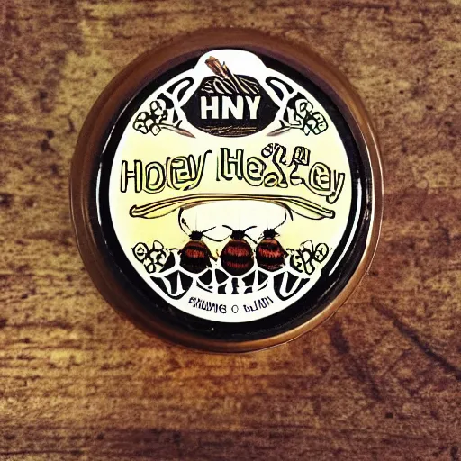 Prompt: a hipster honey label with bees