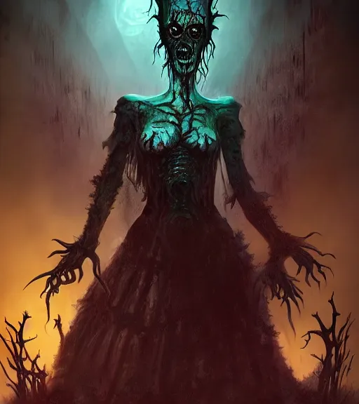 Image similar to gothic necrolord female with zombie servents, digital painting, liminal eerie midnight backlit, a picture taken by Michael Komarck and Daniel Ljunggren