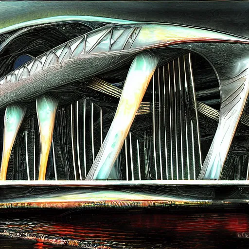 Image similar to metallic bridge eating a person, h. r. giger digital painting