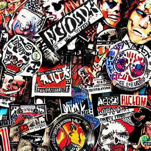 Image similar to painting on a badge, punks not dead!, exploited!!, clash, junk yard, rats!!, god save the queen, punk rock album cover art style, grunge, no future