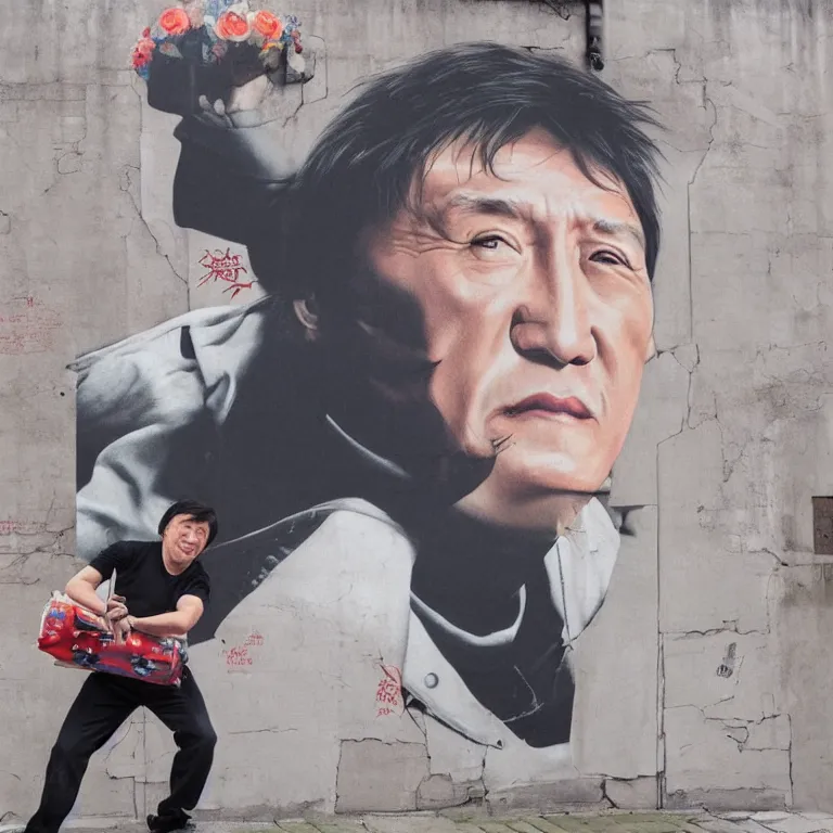 Prompt: Street-art full-body portrait of Jackie Chan in style of Etam Cru, photorealism