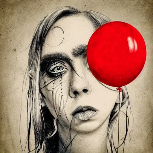 Image similar to surrealism grunge cartoon portrait sketch of billie eilish with a wide smile and a red balloon by - michael karcz, loony toons style, mad max style, horror theme, detailed, elegant, intricate