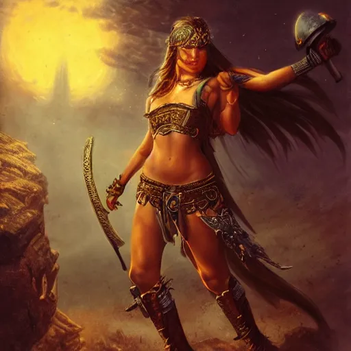 Image similar to epic beautiful young warrior maiden fighting against darkness under ritual lit night Ken Kelly, photorealistic, cinematic, fantastic reality, detailed, intricate dramatic lighting, establishing shot, 8k resolution – W 1024