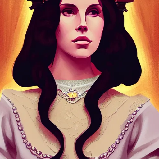 Prompt: portrait of lana del rey as a medieval queen, intricate, elegant, highly detailed, digital painting, artstation, concept art, smooth, sharp focus, illustration, art by studio ghibli, 8 k