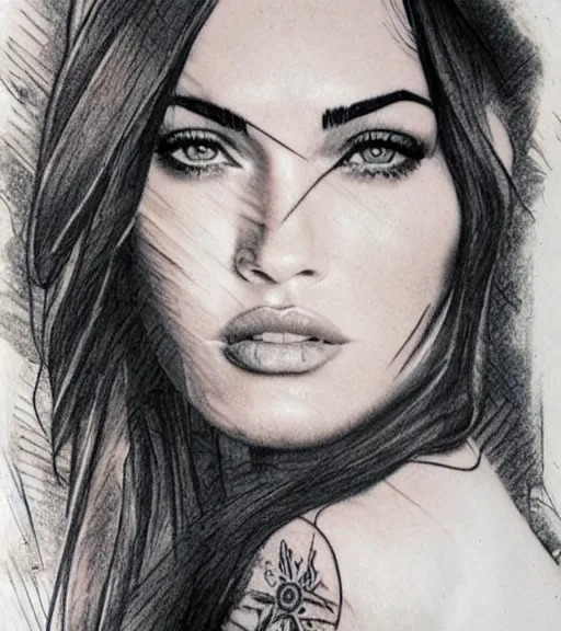 Image similar to double exposure effect tattoo design sketch of megan fox with beautiful mountain scenery, realism tattoo, in the style of matteo pasqualin, amazing detail, sharp