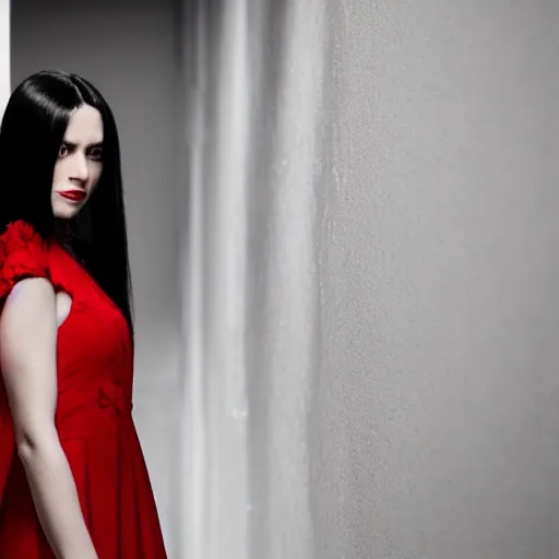 Image similar to portrait of a woman with long black hair and red eyes standing in a dark hallway, wearing a red dress, 8k, photography, professional, detailed face, beautiful, cinematic lighting, film, high quality, depth of field, dark colors,