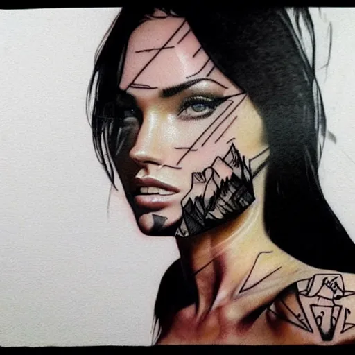 Image similar to double - exposure tattoo sketch of megan fox face beautiful mountains, mash up, blending, in the style of dan mountford