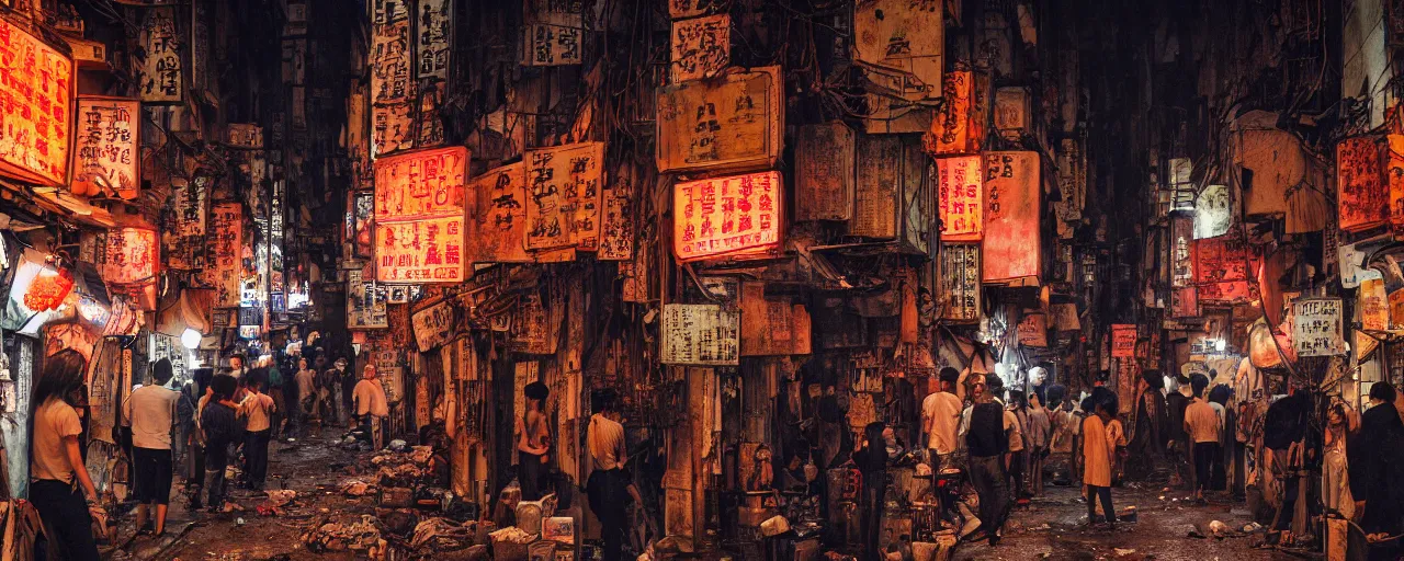 Prompt: digital painting, dynamic 28mm view of a crowded narrow alley in kowloon walled city, dirty, sodium lights,evening, tungstem color balance, cinestill, street photography