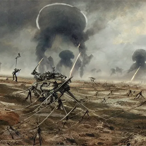 Image similar to war of the worlds, martian tripods attack russian ww i army, intense fighting, dital painting, very detailed, art by jakub rozalski