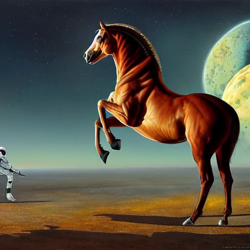 Image similar to a horse on top a man, a astronaut carrying a horse hyperrealism, no blur, 4 k resolution, ultra detailed, style of ron cobb, adolf hiremy - hirschl, syd mead, ismail inceoglu, rene margitte