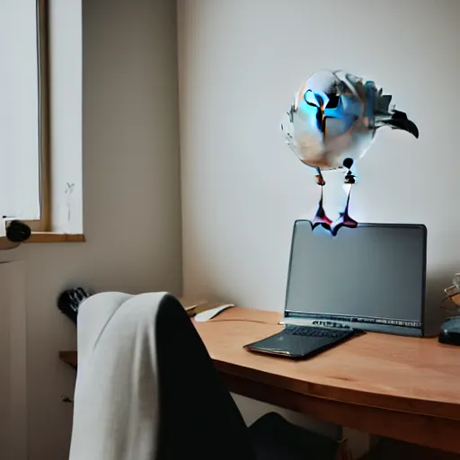 Prompt: an angry seagull typing at a computer in it's bedroom, close up, studio portrait