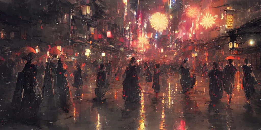 Image similar to anime kyoto animation key by greg rutkowski night, fireworks festival, kimono