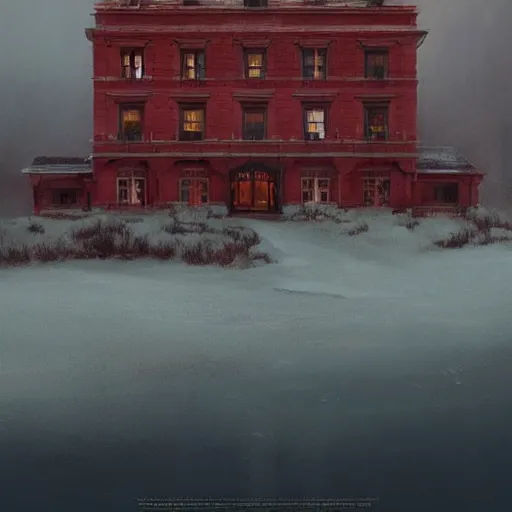 Image similar to a beautiful picture of the red lodge by Greg Rutkowski and David Lynch, trending on Artstation