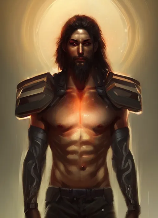 Image similar to « a full length portrait of a muscular cyberpunk male warrior, jesus, glowing eyes, a digital painting by charlie bowater, featured on cgsociety, fantasy art, behance hd, wiccan, artstation hd »