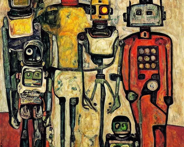 Image similar to a painting of a robot family by graham sutherland, egon schiele, expressionism