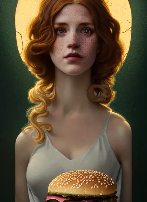 Image similar to close up portrait of wendy thomas, pale young woman with freckles, baroque hamburgers, fast food imagery by artgerm, cushart krenz, greg rutkowski, mucha. art nouveau. gloomhaven, golden arches logo, pale colors, sharp edges. ultra clear detailed. 8 k. elegant, intricate, octane render