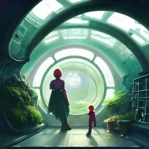 Image similar to , little child and grandma in sci - fi green house, spaceship, plants, stephen bliss, misty, unreal engine, pixar, fantasy art by greg rutkowski, loish, ferdinand knab, and lois van rossdraws, global illumination, radiant light, minimalist, detailed and intricate environment