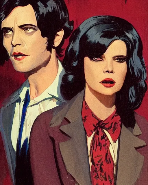 Image similar to a pulp illustration of a man and a woman who are beautiful but creepy, wearing oxford shirts in layers of fear, with haunted eyes and dark hair, 1 9 7 0 s, seventies, wallpaper, a little blood, morning light showing injuries, delicate embellishments, painterly, offset printing technique, by brom, robert henri, walter popp