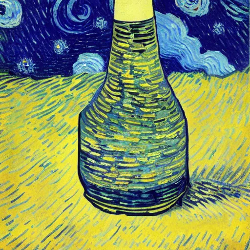 Image similar to a bottle on display filled by the sky painting by van gogh starry night, by van gogh