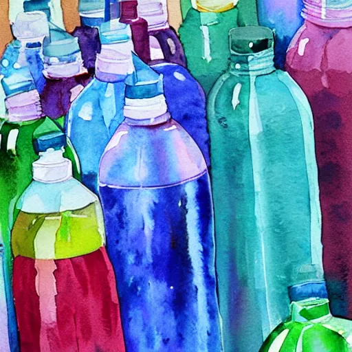 Prompt: watercolor painting of a room full of plastic water bottles