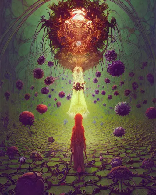 Prompt: the platonic ideal of flowers, rotting, insects and praying of cletus kasady carnage davinci dementor chtulu mandelbulb mandala ponyo botw dinotopia the witcher, fantasy, ego death, decay, dmt, psilocybin, concept art by greg rutkowski and simon stalenhag and alphonse mucha