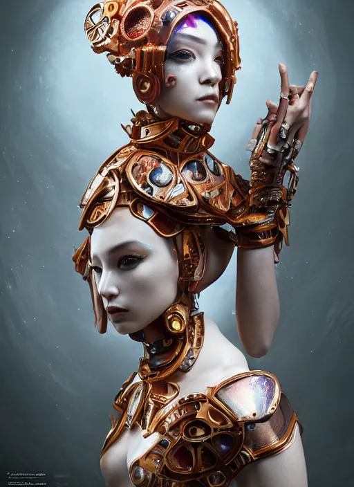 Image similar to portrait of a sensual futuristic geisha cyborg, latex, modern fine art, fractal, intricate ornaments, elegant, highly detailed, digital photography, subsurface scattering, by jheronimus bosch and greg rutkowski,