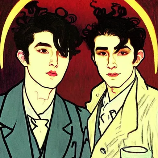 Image similar to painting of young cute handsome beautiful dark medium wavy hair man in his 2 0 s named shadow taehyung and cute handsome beautiful min - jun together at the halloween! party, ghostly, haunted, ghosts, autumn! colors, elegant, wearing suits!, clothes!, delicate facial features, art by alphonse mucha, vincent van gogh, egon schiele