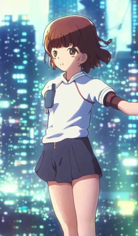 Image similar to anime fine details portrait of ochaco uraraka in front of cyberpunk moder city landscape on the background deep bokeh, close-up view, anime masterpiece by Studio Ghibli. 8k, sharp high quality anime, artstation