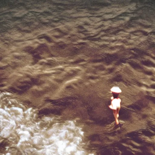 Prompt: grainy security cam footage still of Augustus Gloop in the chocolate river at Wonka's Chocolate Factory, extreme wide angle, far away