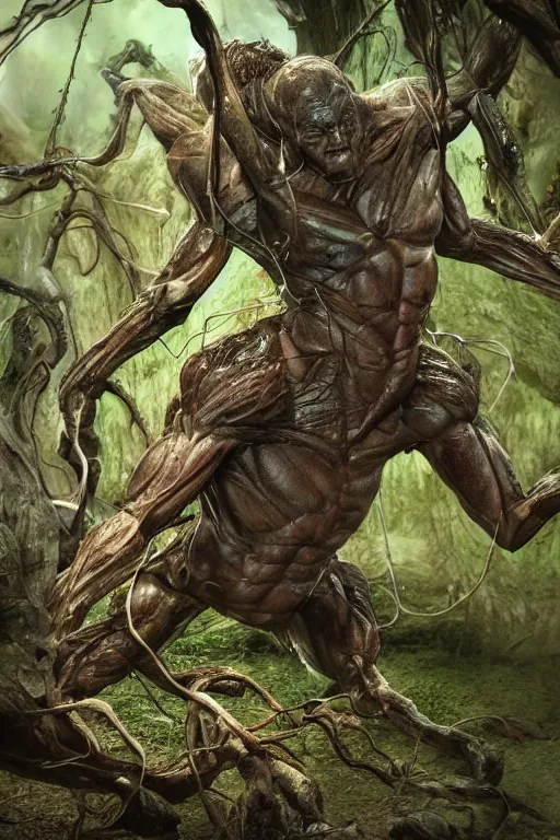 Image similar to high resolution photo of a muscular creature, tree roots, veins, lightning, big muscles, sweat, slime, troll, fishlike, gills, dragonlike, grown together, overgrown, electronic wires, god rays, dark, skin, plastic wrap,