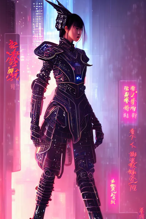 Image similar to portrait futuristic wuxia armor heroine Girl with thunder and fire sparkles and starlight, sword dance in future cyberpunk tokyo heavy rainning rooftop , ssci-fi, fantasy, intricate, very very beautiful, elegant, human structure, neon light, highly detailed, digital painting, artstation, concept art, smooth, sharp focus, illustration, art by tian zi and WLOP and alphonse mucha