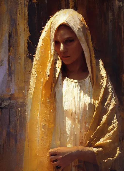 Image similar to portrait of the Virgin Mary wearing golden robes by Jeremy Mann, intricate, warm tones, vivid colors, detailed, stylized, loose brush strokes, looking askance