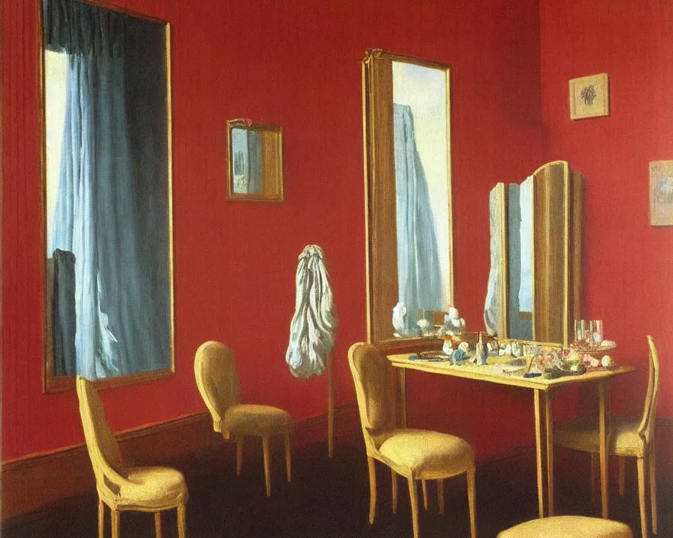 Image similar to achingly beautiful painting of a sophisticated, well - decorated dressing room by rene magritte, monet, and turner. whimsical.