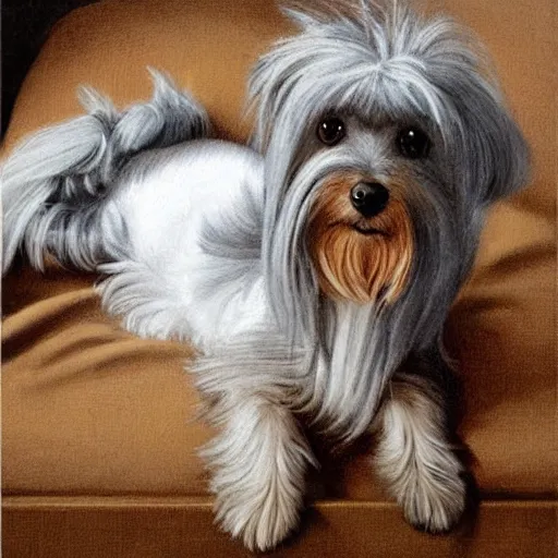 Image similar to an old happy brown and gray Yorkshire terrier dog lounging in a white bed, long hair, extremely detailed masterpiece, illustration, by Michael Sowa,