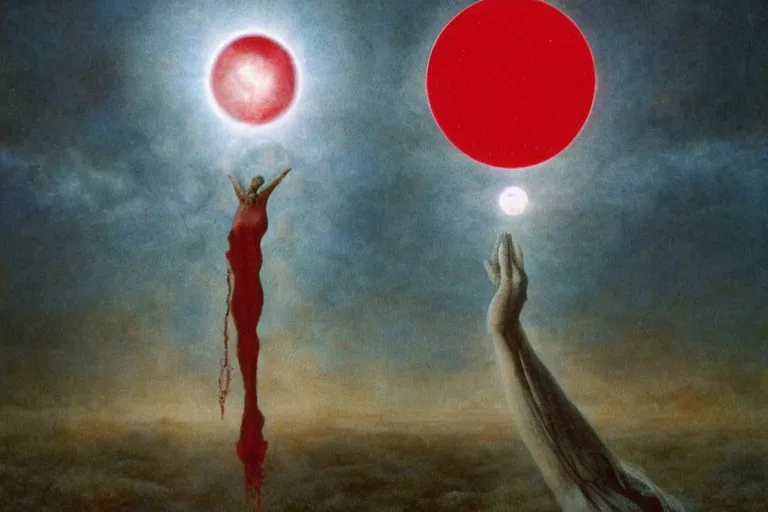 Image similar to people activate behelit in the middle of eclipse, human sacrifice , Old testament angel, dark sky, red cloud, sea of blood, beksinski