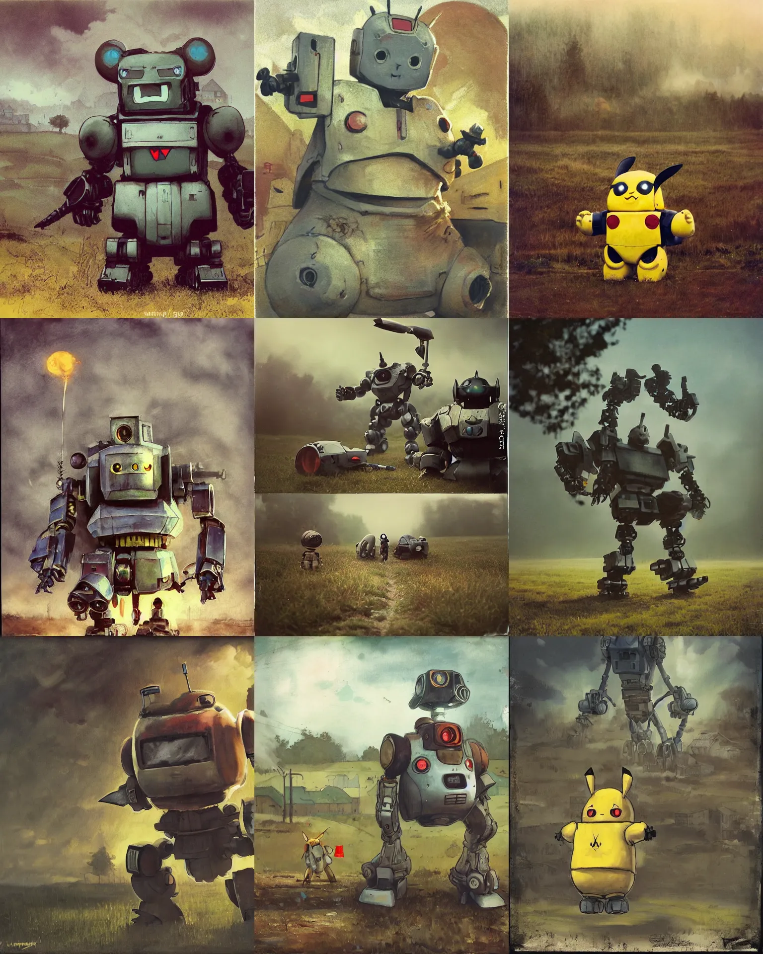 Prompt: oversized bulky scary angry evil chubby robot cyborg pikachu! battle mech with long ears attacking a rural village , Cinematic focus, Polaroid photo, vintage, neutral colors, soft lights, foggy, mist, by Steve Hanks, by Serov Valentin, by lisa yuskavage, by Andrei Tarkovsky