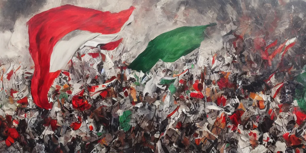 Image similar to dramatic painting of freedom for palestine, red green white black