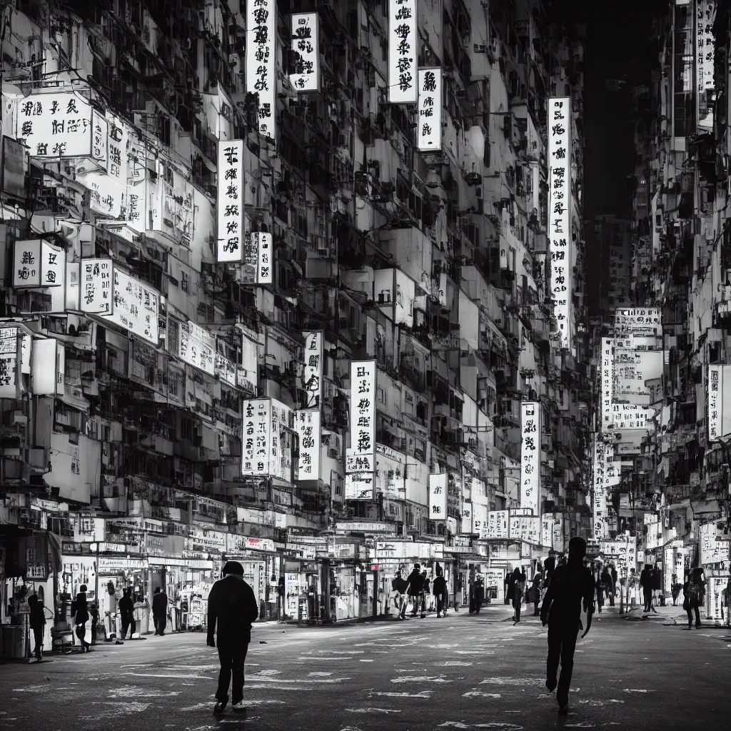 Prompt: a moody 2 0 0 mm photo of of someone walking in a busy street in hong kong at night, neon lights