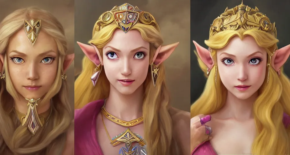 Image similar to portrait of princess zelda from hyrule and princess peach from the mushroom kingdom, nose ring, upper body, blonde hair, long hair, joyful smirk, intricate, elegant, highly detailed, digital painting, artstation, concept art, matte, sharp focus, illustration, art by artgerm and greg rutkowski and alphonse mucha