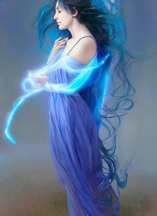 Prompt: a glowing blue sprite made of light flying through the air. she looks like a teenage girl and wears a long flowing dress. she is made of blue light and fades into light at the edges. her skin and hair are blue. beautiful fantasy art by artgerm and greg rutkowski and alphonse mucha