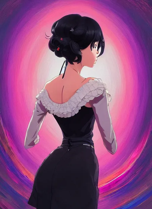 Prompt: a beautiful girl with black hair in 2020's fashion, ballroom background, intricate, highly detailed, digital painting, artstation, official media, anime key visual, concept art, rich vivid colors, ambient lighting, sharp focus, illustration, art by Artgerm, Makoto Shinkai, Ilya Kuvshinov, Lois Van Baarle, and Rossdraws