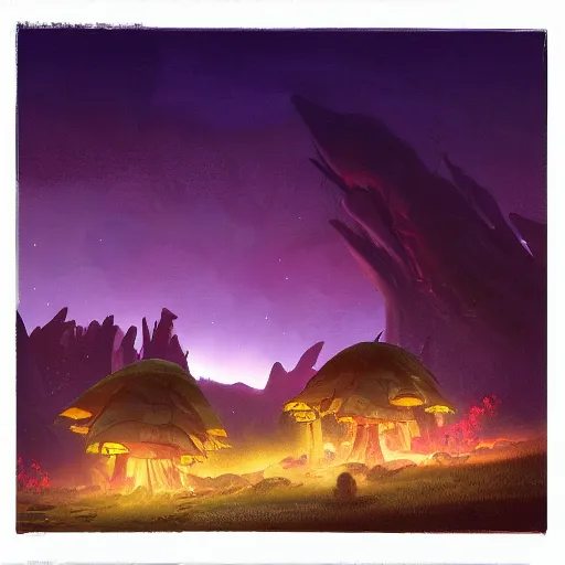 Image similar to concept art painting of a fantasy alien nighttime landscape of houses made of mushrooms, with glowing blue lights, dark purple sky, realistic, detailed, cel shaded, in the style of makoto shinkai and greg rutkowski and albert bierstadt and james gurney