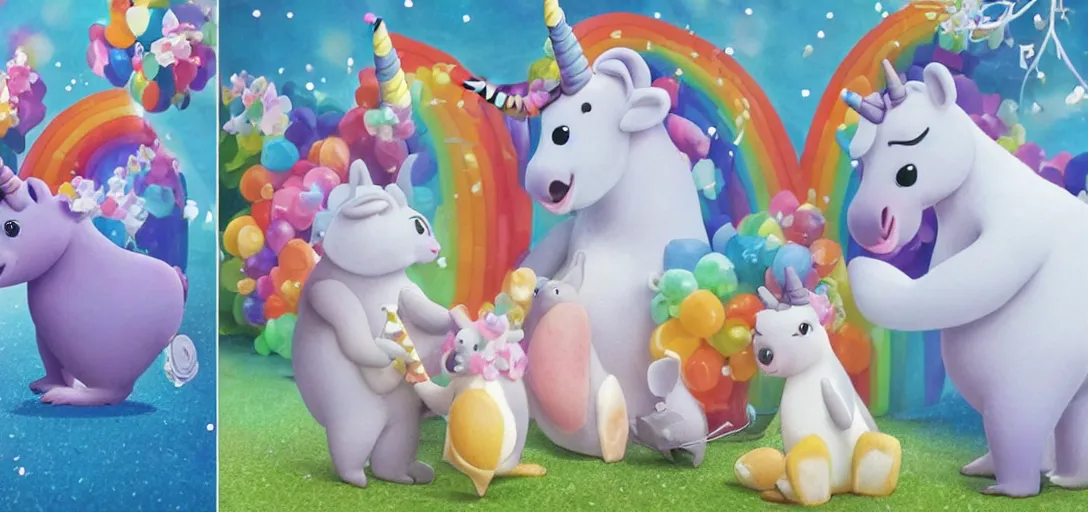 Image similar to a medium shot of a unicorn and koala enjoying ice cream cones at a birthday party for penguins, highly detailed, Pixar movie, anamorphic lens