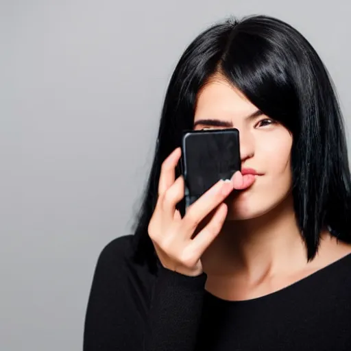 Image similar to girl with black hair taking a selfie of a bump on her face, close up