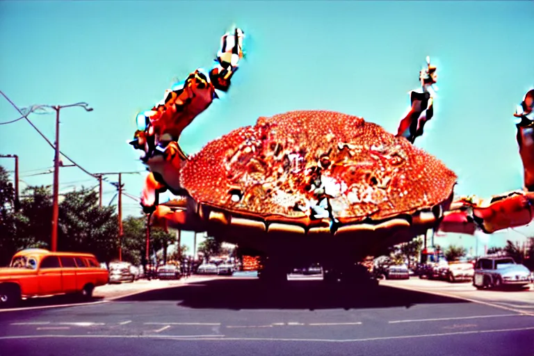 Prompt: 2 0 1 5 giant crab terrorizing a city, googie architecture, americana, fishcore, exterior photography, hd 8 k, photography cinestill