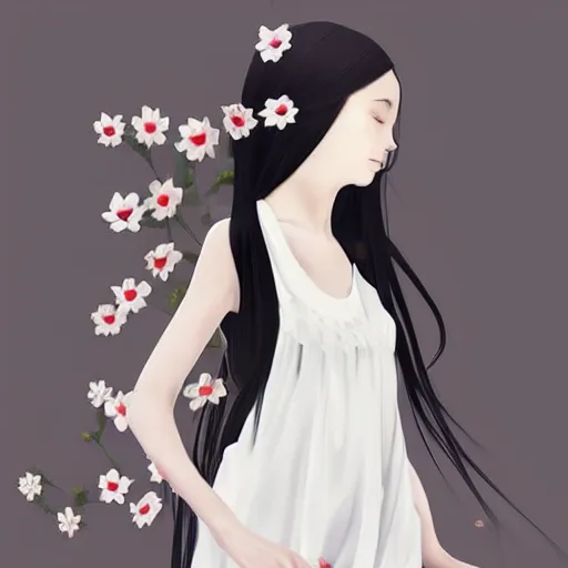 Prompt: little girl with her long black hair flower, dressed in a simple white dress, anime art style, digital artwork made by ilya kuvshinov, inspired in balthus