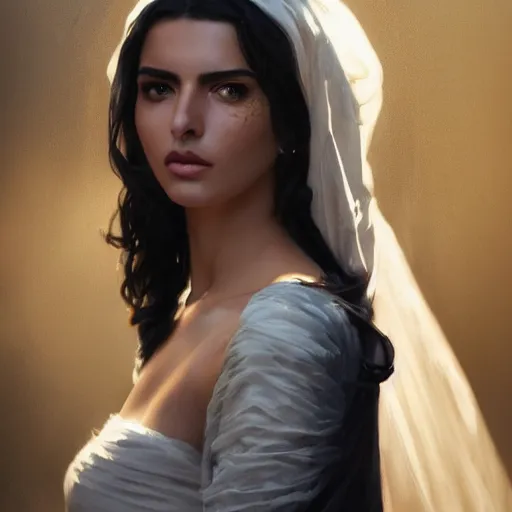 Prompt: a Photorealistic dramatic hyperrealistic render of greek arab ameera al taweel, blue eyes, wavy black hair, white veil,by WLOP,Artgerm,Greg Rutkowski,Alphonse Mucha, Beautiful dynamic dramatic dark moody lighting,shadows,cinematic atmosphere,Artstation,concept design art,Octane render,8K