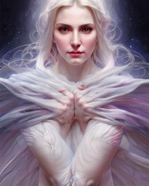 Image similar to realistic portrait of a beautiful white witch, bright, beautiful, heroic pose, beautiful face, magic, full body, dramatic lighting, intricate, wild, highly detailed, digital painting, artstation, concept art, smooth, sharp focus, illustration, art by artgerm and greg rutkowski and alphonse mucha, footage from space camera