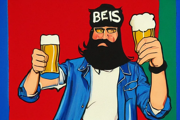 Image similar to a young man holding a beer giving a thumbs up with a long beard, 80s poster, detailed, uncropped, painted by Krenz Crushart